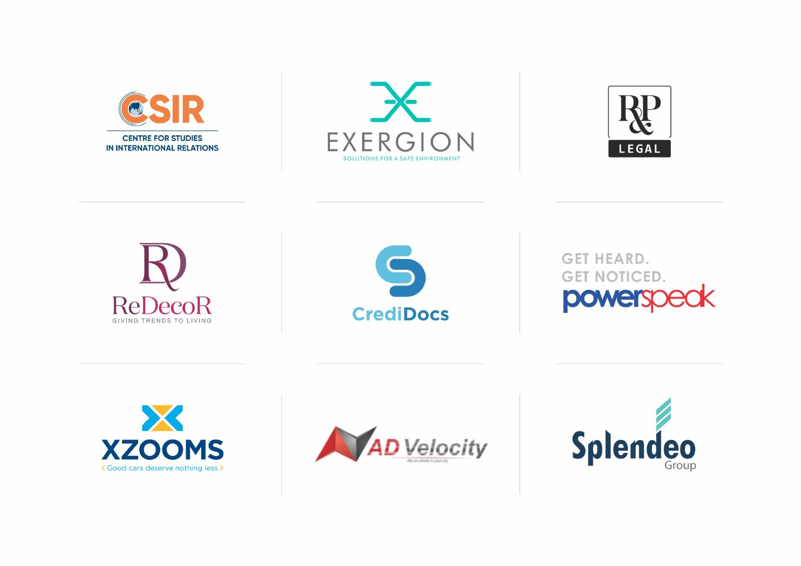 Nine logos designed by Leeway Design Studio: CSIR, Exergion, R&P Legal, ReDecoR, CrediDocs, Powerspeak, Xzooms, AD Velocity and Splendeo Group