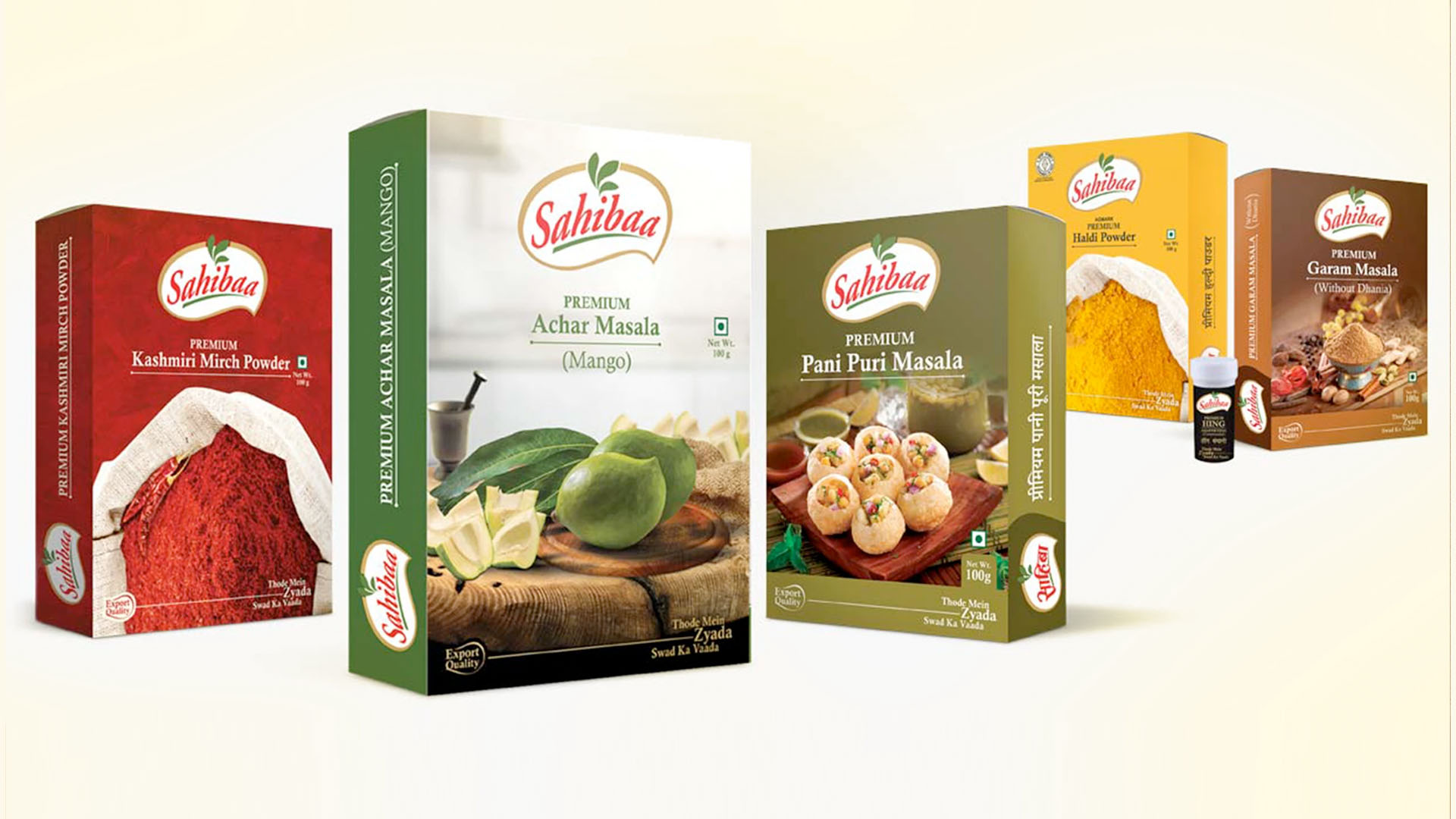 Sahibaa Spices packaging range showing the full product family on shelf
